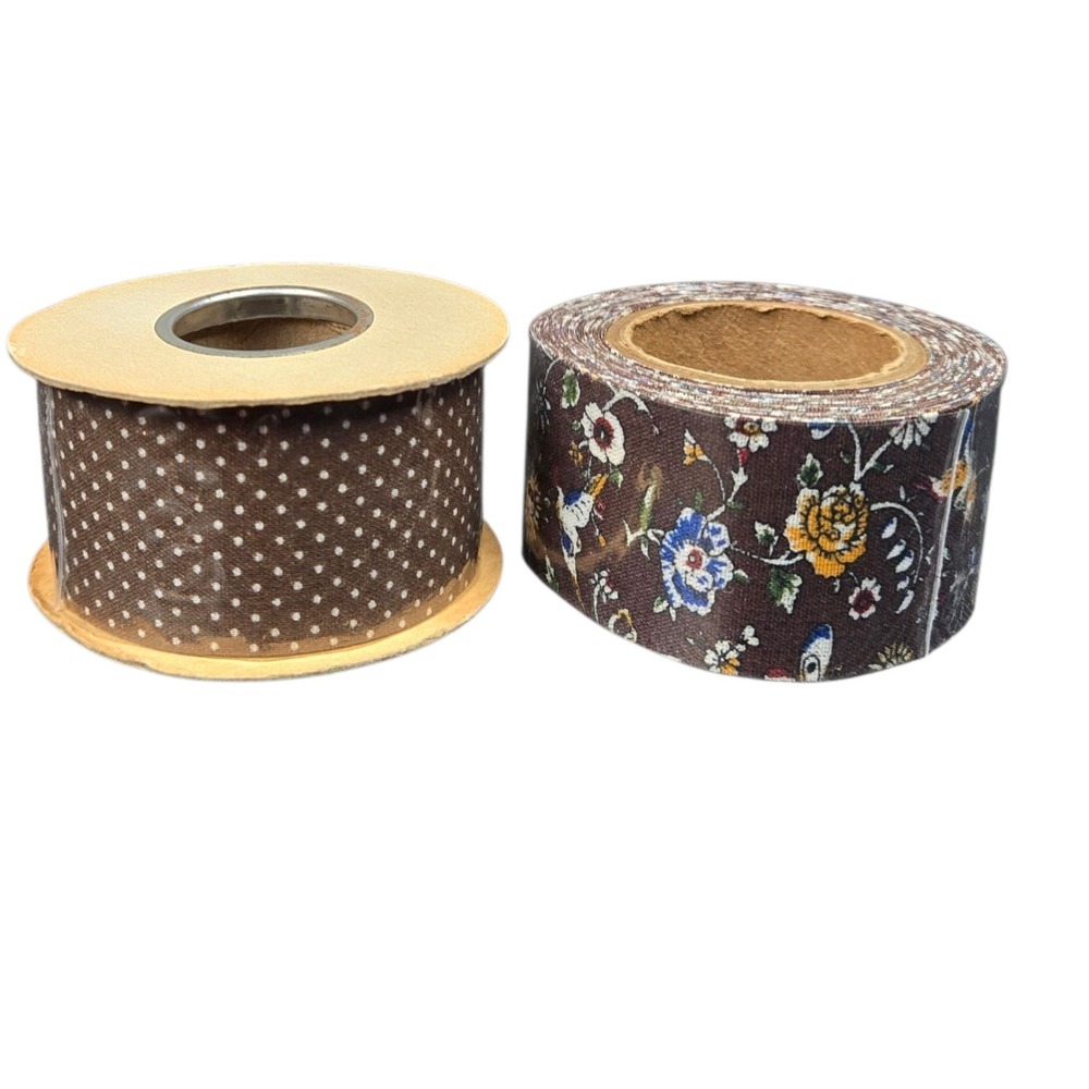 Vintage‎ Fabric Ribbon Lot 2 Rolls Brown Floral Polka Dot 1 3/8" x 6 Yards